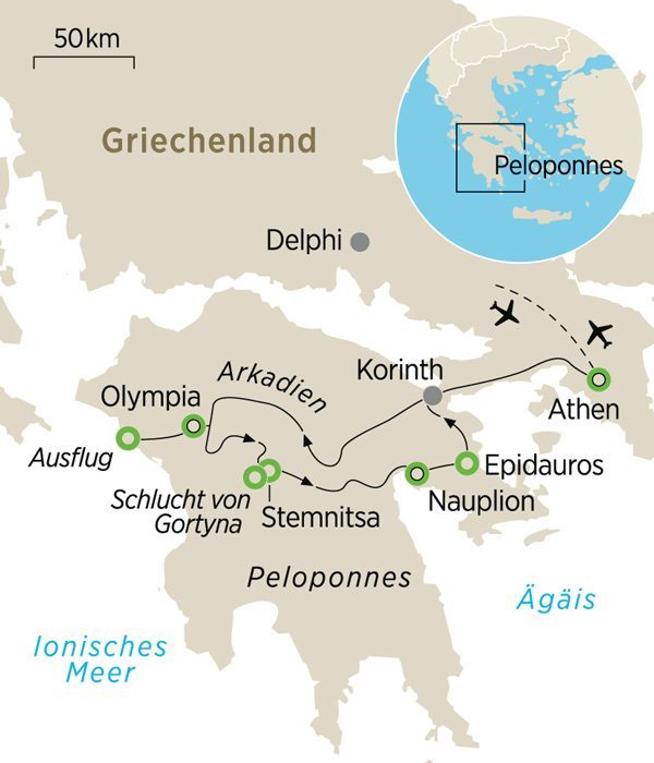 Karte der Reise in Griechenland